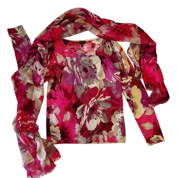 Talbots Merino Wool Silk Cashmere Wool Floral Scarf Sweater Set Size Mp